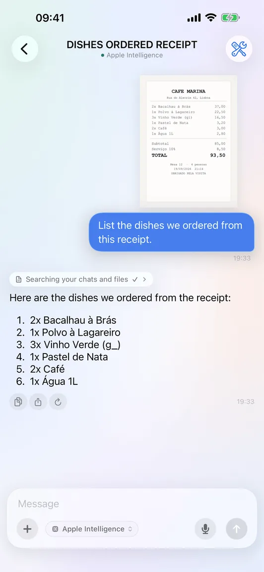 Priobs answering a question about an attached receipt, with the model running on the iPhone.