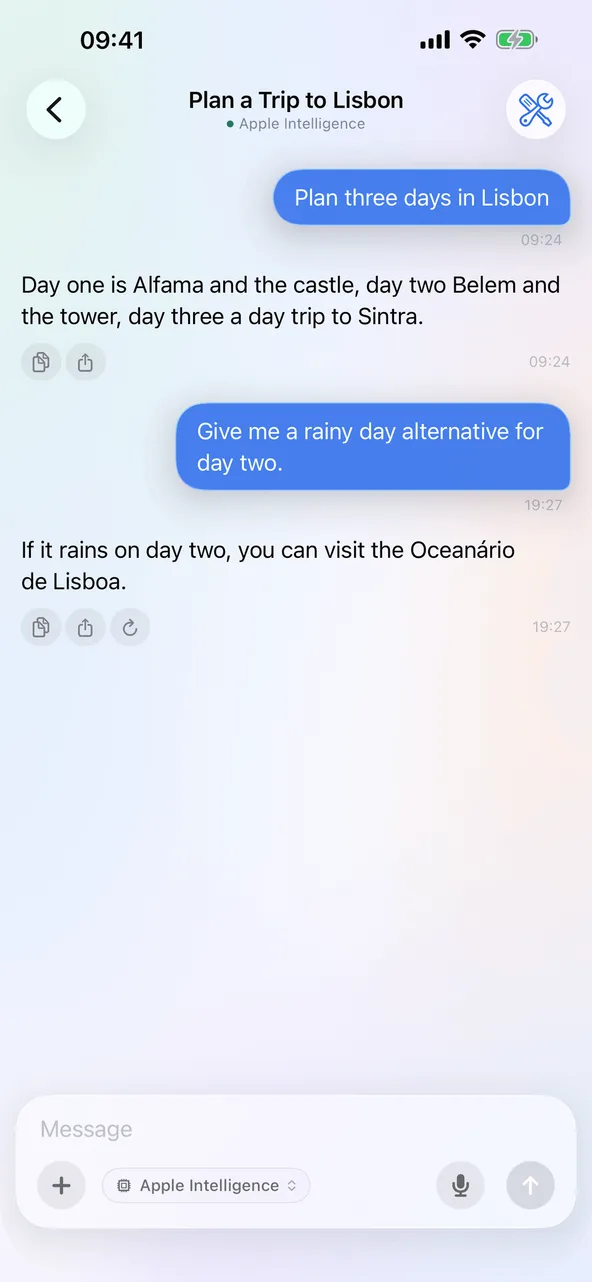 The Priobs chat screen on an iPhone: an on-device model plans a weekend trip to Lisbon.