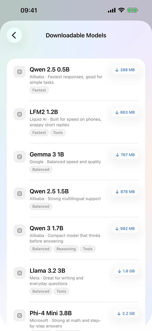 The Priobs model library on an iPhone, listing downloadable models with their sizes and tags.