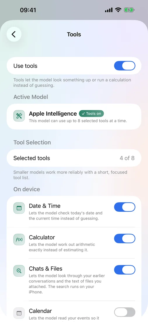 The Priobs tools screen with a toggle for each on-device tool.